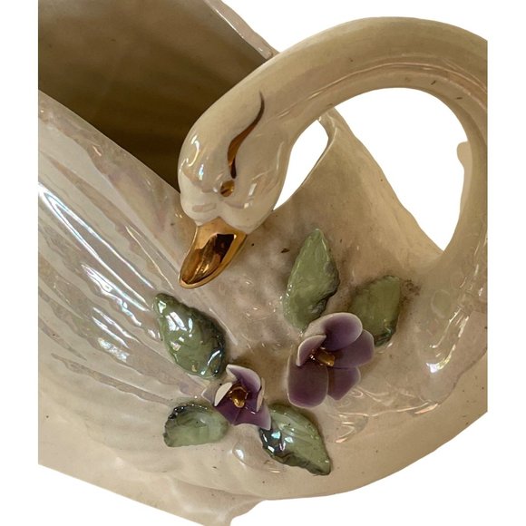 Swan Planter Vase Lusterware Figurine Norcrest Iridescent Opalescent 8.5" x 7" - Picture 10 of 10